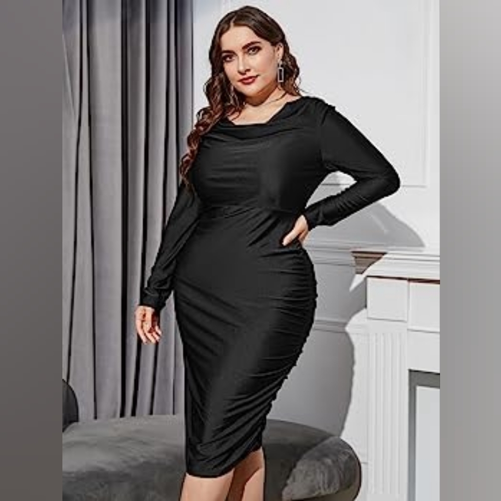 Plus Size Draped Collar Rouched Long Sleeve Bodycon Dress Little Black Dress